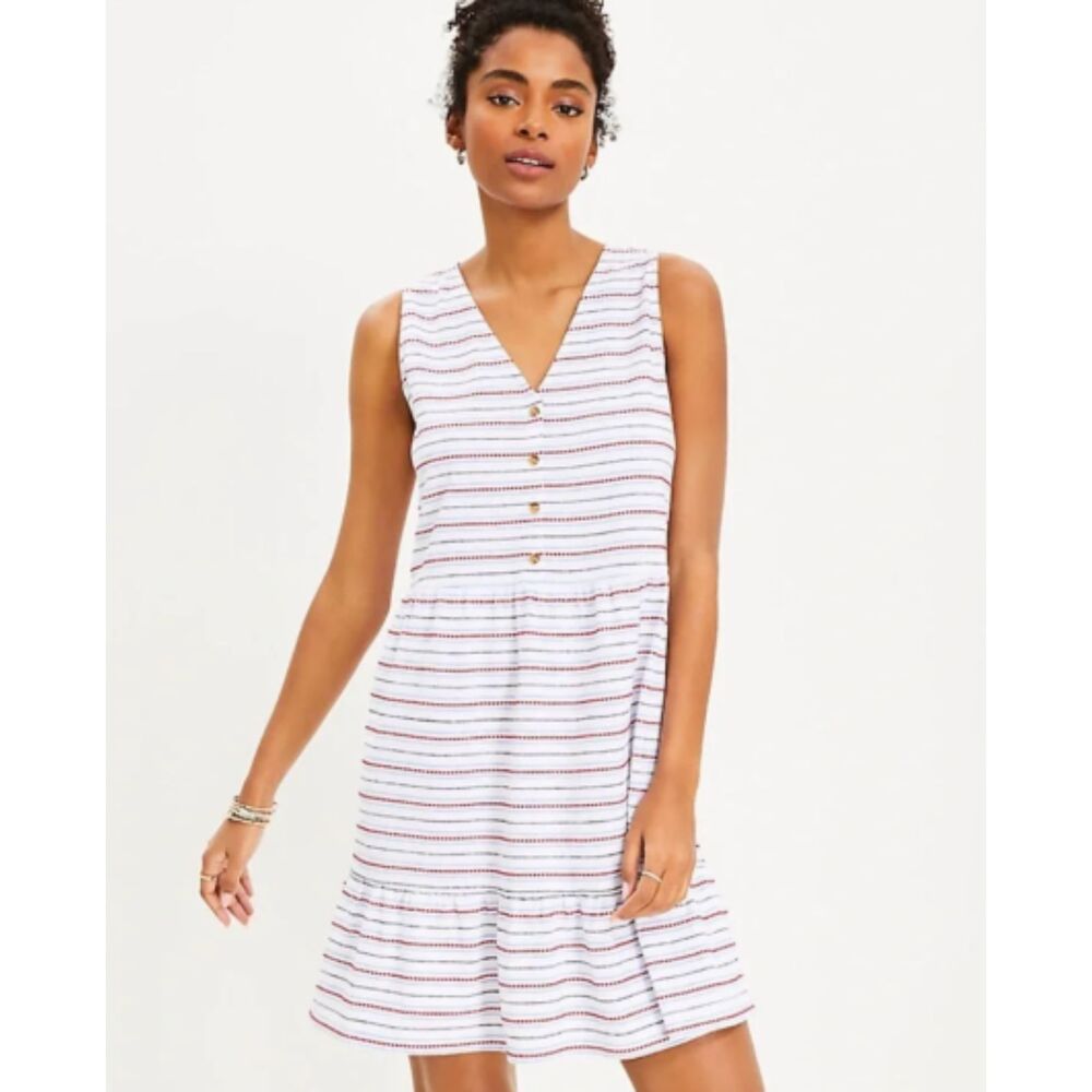Loft Swing Dress L Women's White Dotted Striped Button Vneck Sleeveless Casual